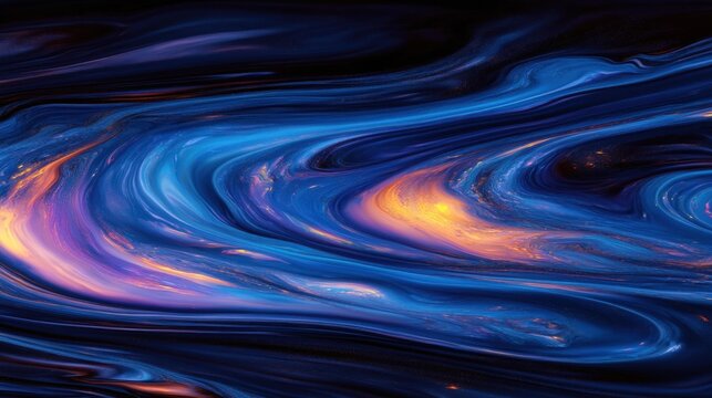 Abstract swirling iridescent oil slick pattern on dark rippling water surface with vibrant blue and orange hues creating a mesmerizing visual effect - Powered by Adobe
