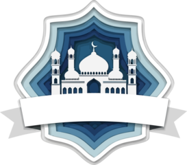 Serene mosque emblem with crescent moon and blank banner