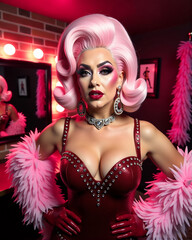 Drag Queen Bold Pink Red Makeup Performance Art LGBTQ Aesthetic Theatrical Beauty