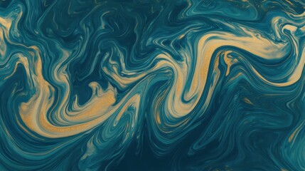 Abstract swirling pattern of dark teal and golden liquid flowing and blending together creating a dynamic textured background