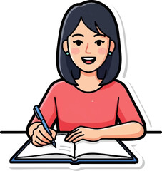 Cheerful young person with dark hair, wearing a coral top, writing diligently in an open book with a blue pen