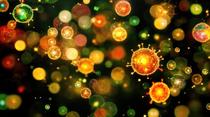 Abstract swirling patterns of iridescent microscopic cellular orbs glowing with vibrant light against a dark background