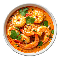Delicious coconut curry with tender shrimp and fresh herbs, highlighting its appetizing appearance and isolated on a stark white background.