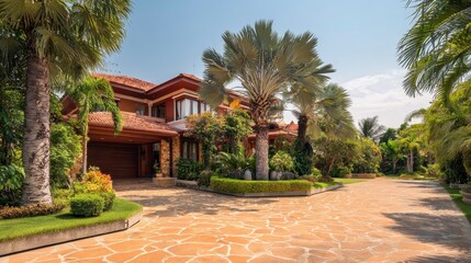 Fototapeta premium Large, luxurious house with a tiled driveway surrounded by tropical plants under a clear, blue sky. Architecture, landscaping