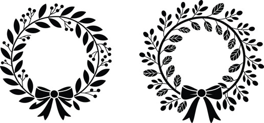Two elegant laurel wreath silhouettes with decorative ribbons and berries for wedding invitations or award certificates © Al