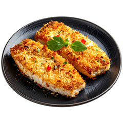Flaky fish fillet with a crunchy coconut and panko breadcrumb coating, shot on a dark plate and isolated on white background.