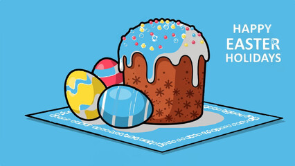 Decorated cake and eggs on a festive napkin with holiday greetings