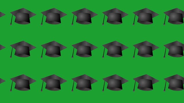 Seamless pattern of graduation caps for academic achievement and commencement icons in a tile background animation. Repeating cartoon wallpaper with educational parties and school event symbols.