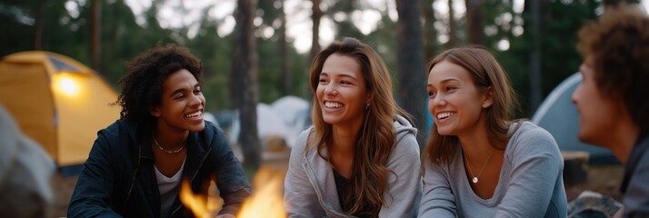 Diverse group of young adults enjoying campfire in forest camping trip