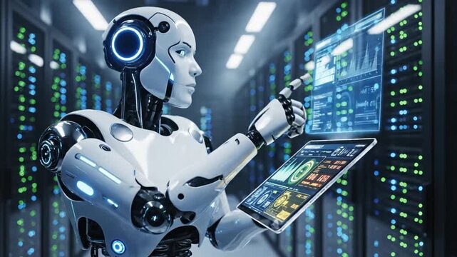 Futuristic white humanoid robot droid holding a modern digital tablet device while analyzing complex data processing inside a dark high-tech cybersecurity server room data center facility.