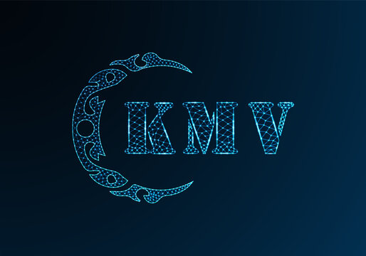 Low poly letter logo KMV design. KMV letter logo low poly vector design on blue color gradient background. KMV logo low poly design