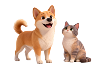 Cartoon Shiba Inu and Cat Character Illustration