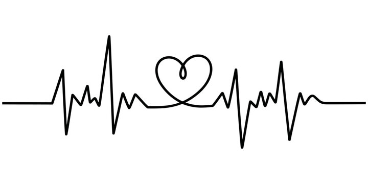 One continuous line Art drawing of hand drawing human heart beat pulse graph image on whiteboard. with white background, Continuous line drawing vector illustration of a heartbeat and heart shape