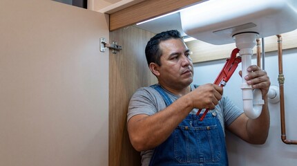 Professional Hispanic male plumber in blue denim overalls tightening white sink pipe with red wrench inside modern kitchen cabinet for home maintenance