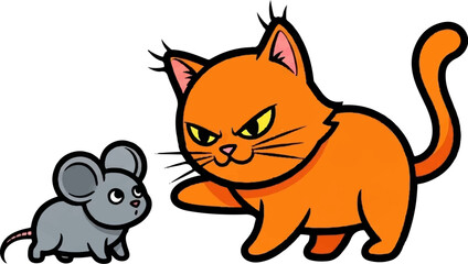 Obraz premium A cartoon orange cat faces a small gray mouse on a white background