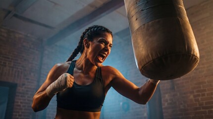 Low angle action shot of a powerful athletic woman with braided hair screaming while punching a heavy bag in a gritty urban boxing gym.