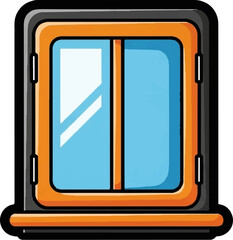 Cartoon window with orange frame and blue panes, white reflections