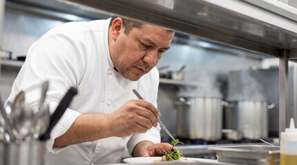 Focused male chef in a white uniform using tweezers to garnish a gourmet dish in a busy professional stainless steel kitchen.
