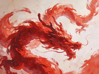 red dragon in swirling smoke abstract fantasy illustration on fiery background