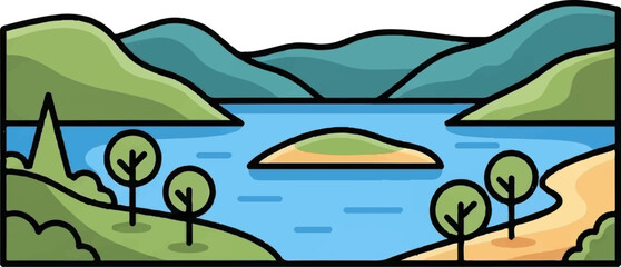 A stylized landscape features rolling green hills surrounding a calm blue lake with a small island