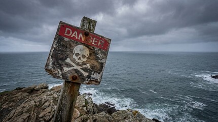 Weathered wooden danger sign with skull and crossbones on a rocky cliff overlooking a stormy ocean under an overcast sky.