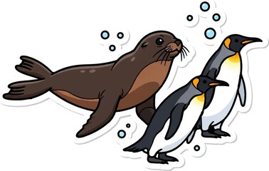 Cartoon seal swimming with two penguins