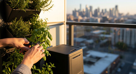 Urban Herb Garden Oasis: A person's hands tend to a thriving herb garden on a modern balcony, with the cityscape providing a stunning backdrop, capturing the harmony of nature and urban life.