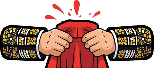 Hands holding a red cape with ornate gold-trimmed sleeves, splashes of red above