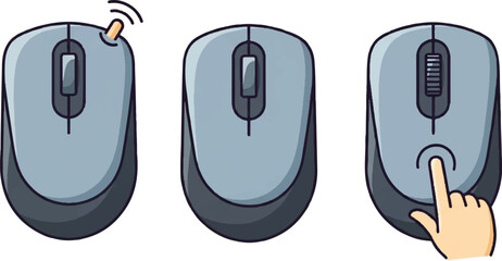 Three computer mice one wireless, one standard, and one with a finger pressing