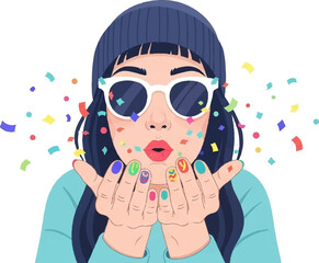 Playful portrait of a girl in a beanie, sunglasses, and colorful nails blowing confetti