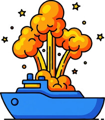 Blue ship in explosion with orange flames and yellow bursts, surrounded by stars and circles