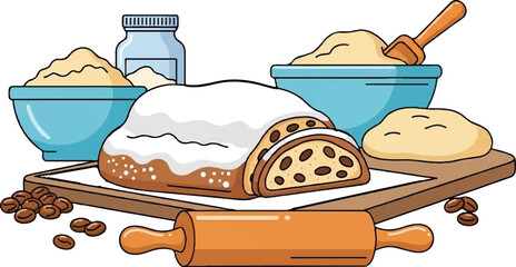 A festive fruit bread with powdered topping, accompanied by baking ingredients