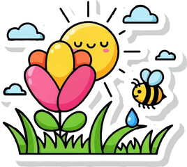 Cheerful cartoon sun shines on a happy flower with a bee nearby