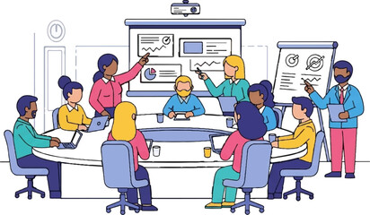 Diverse team brainstorms ideas around a conference table with presentations