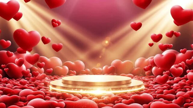 A golden award pedestal stands on a sea of red hearts under spotlights on a stage