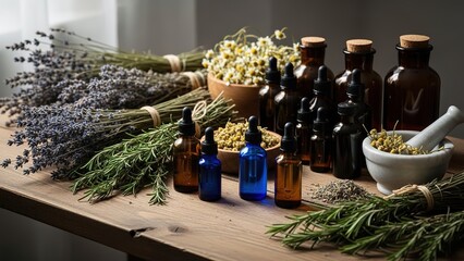 Herbal medicine bottles and plants on wooden table, essential oils, lavender, rosemary, chamomile, natural remedies, aromatherapy, homeopathy, healthy lifestyle