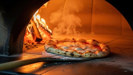 Delicious pizza cooking in a brick oven with flames and smoke, traditional italian cuisine being prepared with food and meal and kitchen and baking and cheese