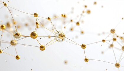 "Golden sphere network with thin connectors forming abstract 3D structure on light gradient background."