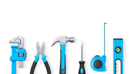 Assorted hand tools like pliers, tape measure, hammer, and drill isolated on white background with clipping path, concept of DIY