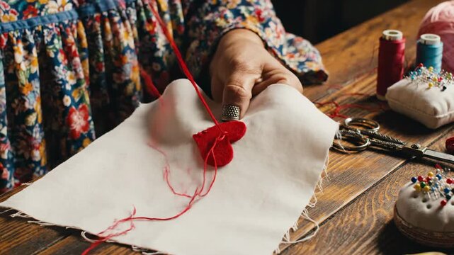 A person sewing with red thread on white fabric at a wooden desk with various sewing supplies
