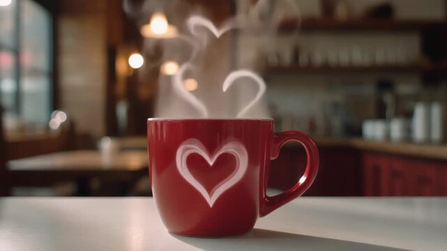 A red coffee mug with a heart design sits on a table in a cozy cafe, with steam rising in heart shapes, conveying love and warmth