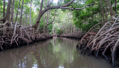Scenic view of a tranquil mangrove forest waterway with exposed roots and lush green foliage, sunlight filtering through canopy