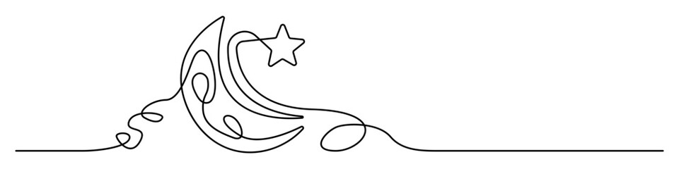 Elegant continuous line art of crescent moon and star islamic symbol for ramadan kareem