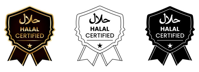 Halal certified label vector for ramadan kareem with islamic shield emblem and ribbon