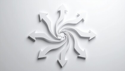 White 3D Arrows Forming a Spiral Pattern on a Plain Background.