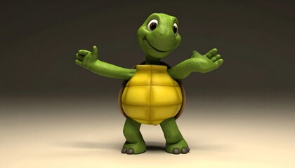 A cartoon green turtle with a yellow shell standing on a gradient background.