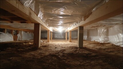 Crawlspace structure showing wooden support beams, support piers, and plastic vapor barrier installation