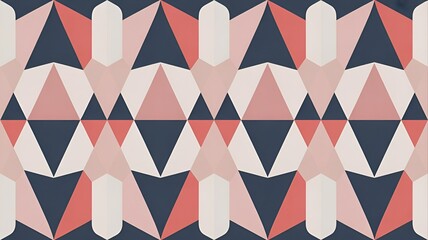 Modern geometric pattern background with symmetrical pink, navy blue, and white shapes for stylish wallpaper and textile design applications.