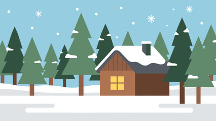 Fototapeta premium Cozy winter cabin illustration amidst snowy pine forest with falling snowflakes, evoking a peaceful holiday season scene in a serene natural landscape