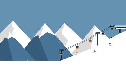 Idyllic winter mountain landscape with skiers and modern ski lifts on pristine slopes, depicted in a minimalist flat design illustration, showcasing a serene snowy resort scene © coba